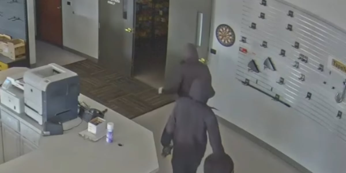 Midland Crime Stoppers logo and a news graphic discussing a business burglary causing $12,000 in damages.
